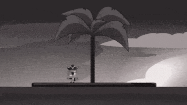 a black and white drawing of a pirate standing under a palm tree
