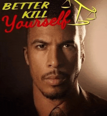 a close up of a man 's face with the words `` better kill yourself '' written above him .