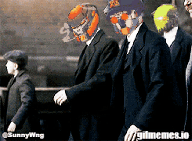 a group of men in suits and ties are walking down a street with a watermark that says sunnywing