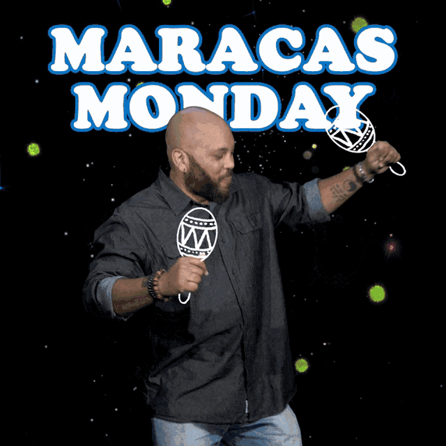 a man stands in front of a black background that says maracas monday