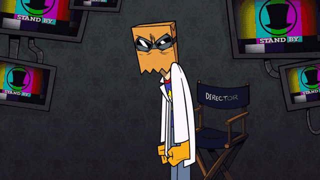 a cartoon character with a cardboard box on his head is standing in front of a director 's chair