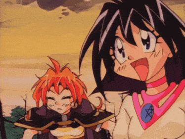 two anime characters are standing next to each other with one wearing a pink necklace with a star on it