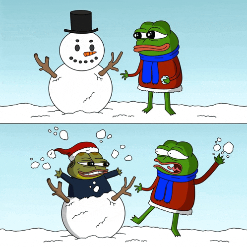 a cartoon of two frogs making a snowman and one frog wearing a santa hat