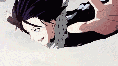 a man with purple hair and blue eyes is flying through the air with his hand outstretched .