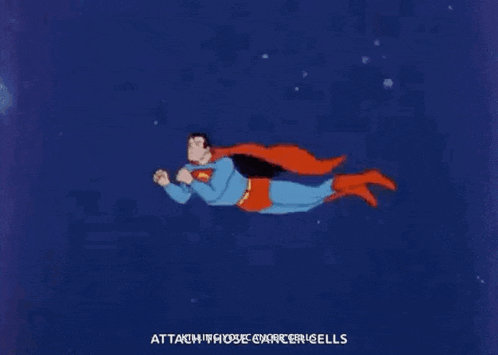 a cartoon of superman flying through space with a rocket coming at him .