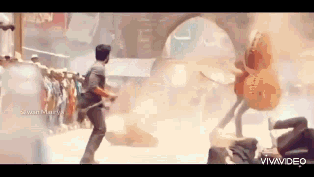a man is standing in the middle of a street holding a sword .