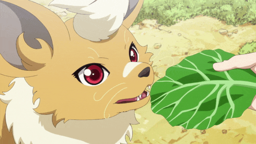 a cartoon drawing of a dog with a green leaf in its mouth