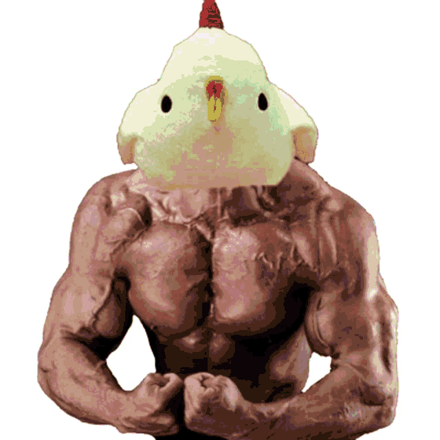 a muscular man with a chicken head on his head