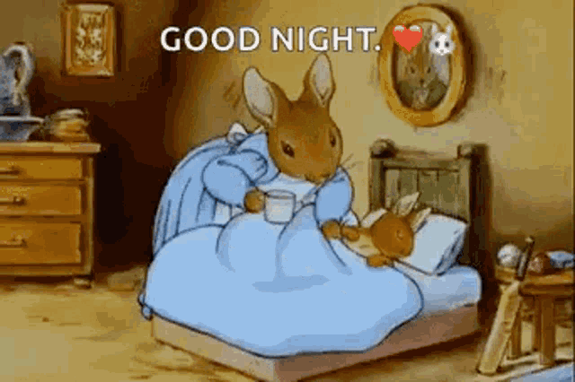 a cartoon of a rabbit sleeping in a bed .
