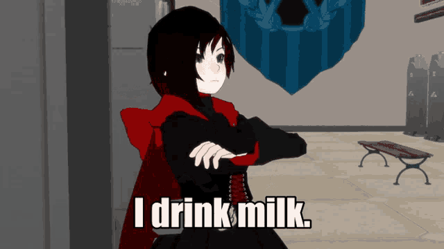 a cartoon character says i drink milk while standing with her arms crossed