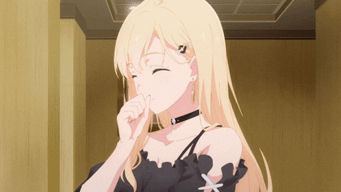 a girl with blonde hair and a black choker is covering her nose