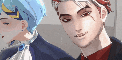 a man with a beard and red eyes is smiling next to another man with blue hair
