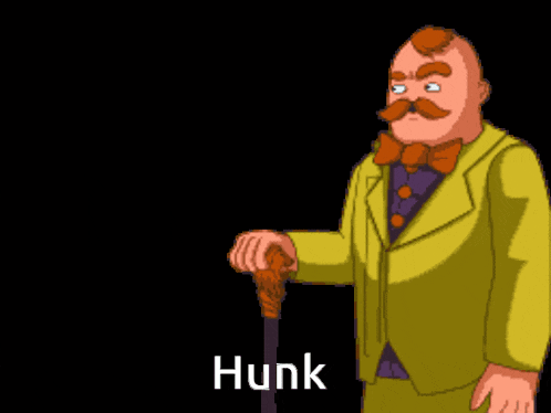 a pixel art drawing of a man in a yellow suit with a mustache and the word hunk below him