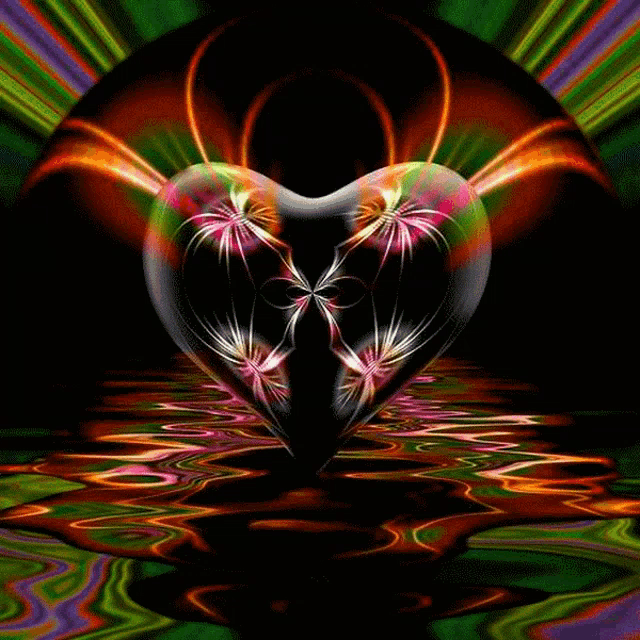a colorful heart is floating in the water with a dark background