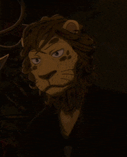 a close up of a cartoon lion with its eyes closed .