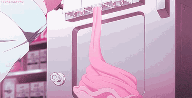 a pink swirl of ice cream is being poured from a machine with the hashtag toopixelforu