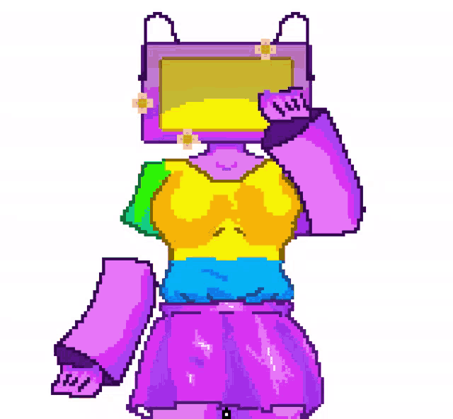 a pixel art drawing of a robot with a rainbow shirt on