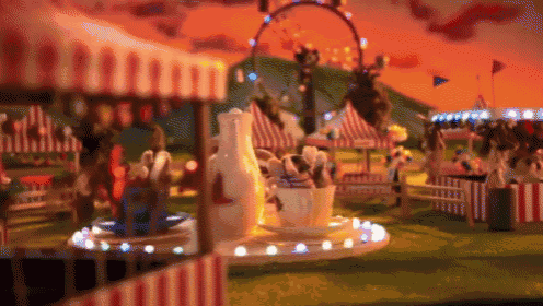 a painting of a carnival with a teapot and cups on a table