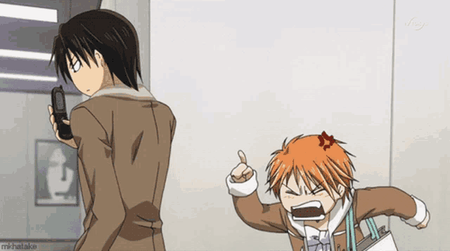 a cartoon of a man holding a cell phone next to a girl with a red star on her head