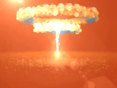 a nuclear explosion with smoke coming out of it against an orange background
