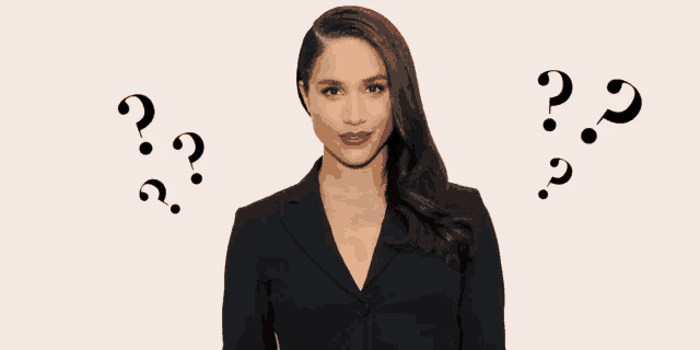 a woman in a black suit is surrounded by questions marks