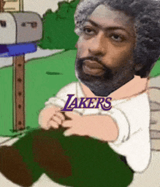 a cartoon of a man wearing a lakers jersey