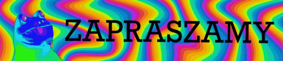 a rainbow background with the word zapraszamy in black