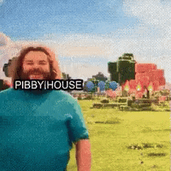 a man with a beard is standing in a field with the words " pibby house " behind him