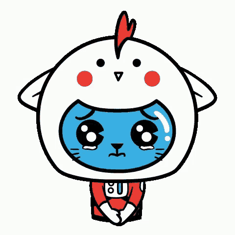 a cartoon character wearing a chicken costume is crying and has the number 80 on his pants .
