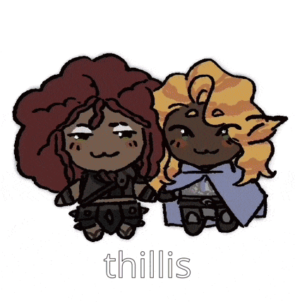 a drawing of two cartoon characters holding hands with the name thillis written below them .