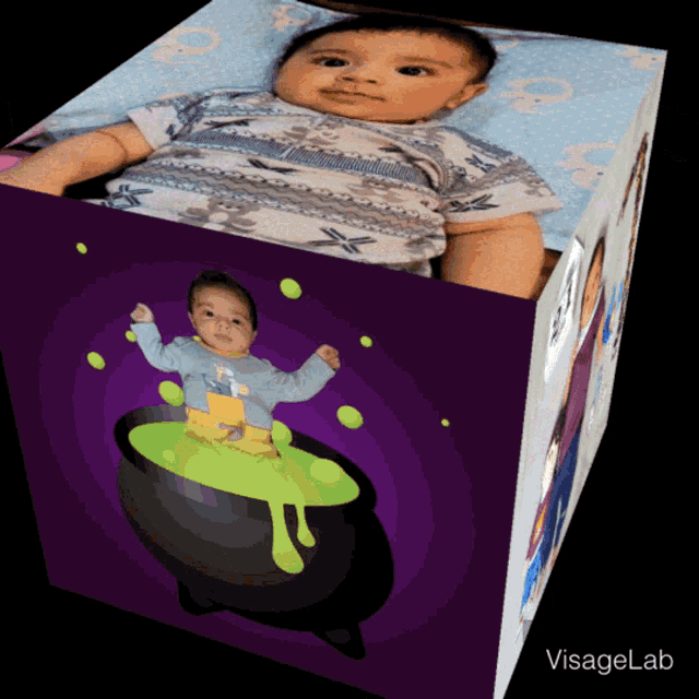 a cube with a picture of a baby and a cauldron with green liquid pouring out of it