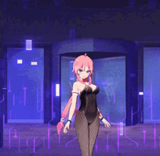 a girl with pink hair is dancing in a room