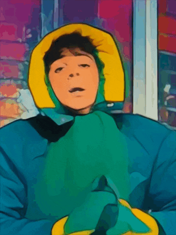 a cartoon drawing of a person in a green and yellow sleeping bag