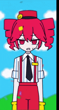 a cartoon of a girl with red hair wearing a striped shirt and suspenders