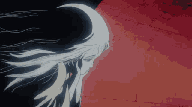 a drawing of a woman with long white hair against a red background