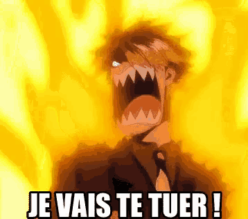 a man in a suit and tie is screaming in front of a yellow background with the words je vais te tuer written on it .