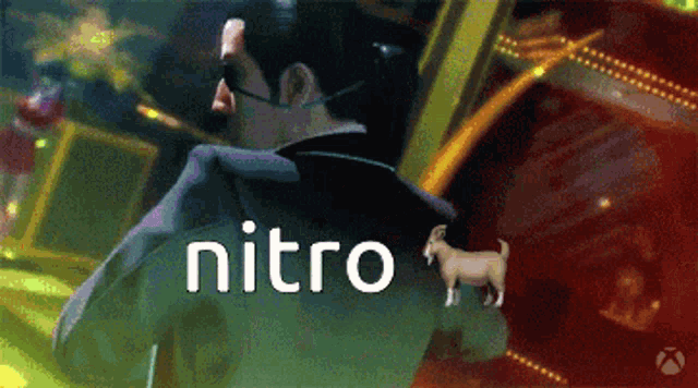 a man in a suit is standing in front of a sign that says " nitro "