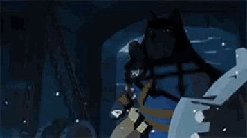 a cartoon character in a blue outfit is holding a sword and shield .