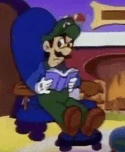 a cartoon character is sitting in a chair reading a book in front of a fireplace .