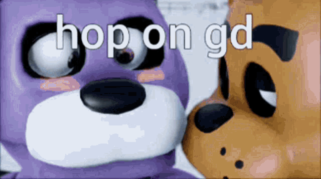 a purple bear and a brown bear are kissing with the words hop on gd written above them