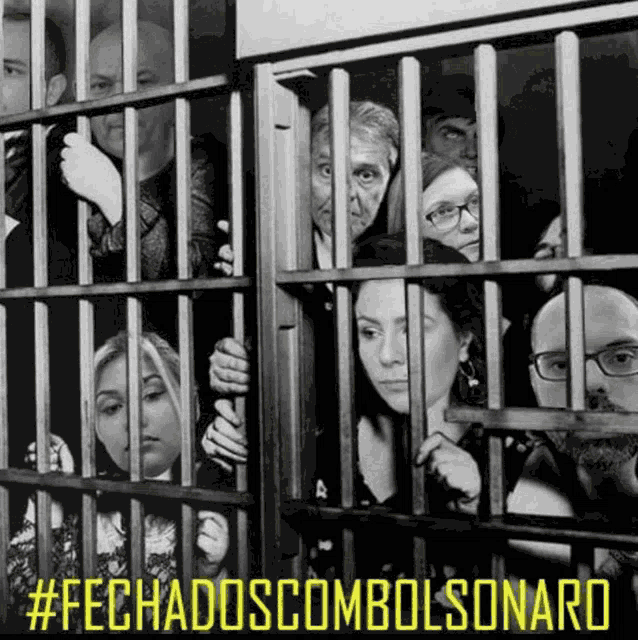 a black and white photo of people behind bars with # fechadoscombolsonaro
