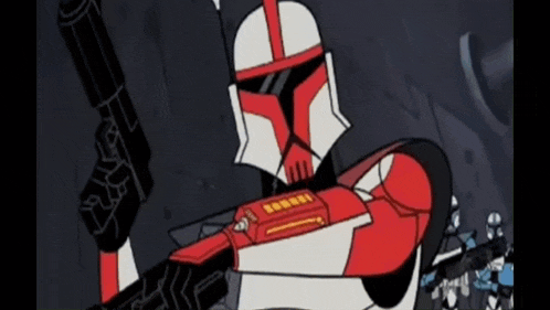 a cartoon of a clone trooper holding a gun in his hand