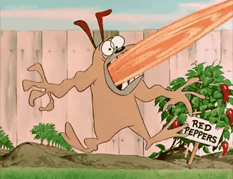 a cartoon dog is standing in front of a sign that says red peppers