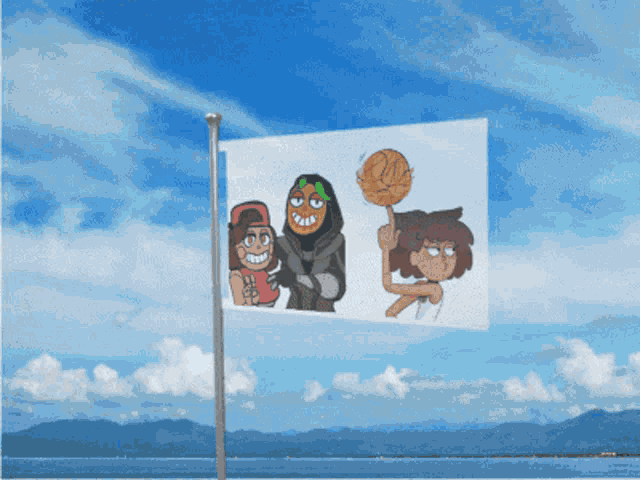 a flag with cartoon characters on it is flying in the wind