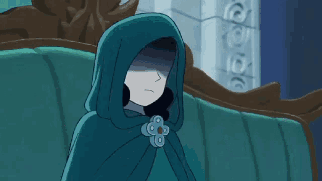 a cartoon character with a blue cape and a white hand covering his face