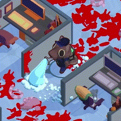 a cartoon of a bear in a cubicle with blood splashing on the floor