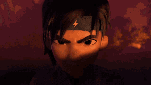 a close up of a cartoon character with a lightning bolt headband