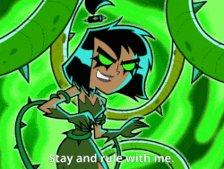a cartoon character says stay and rule with me in a green background