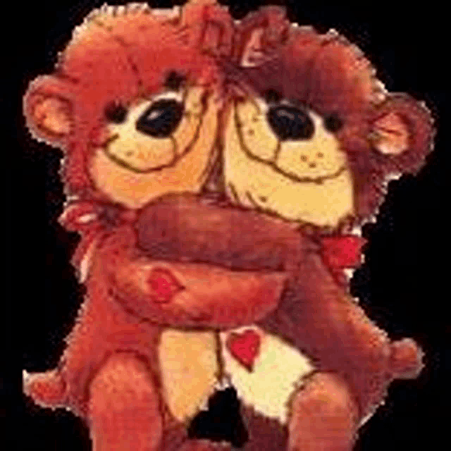 two teddy bears are hugging each other and looking at each other on a black background .