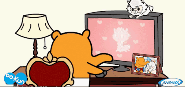 a cartoon of a bear sitting in front of a tv with the word animax on the bottom